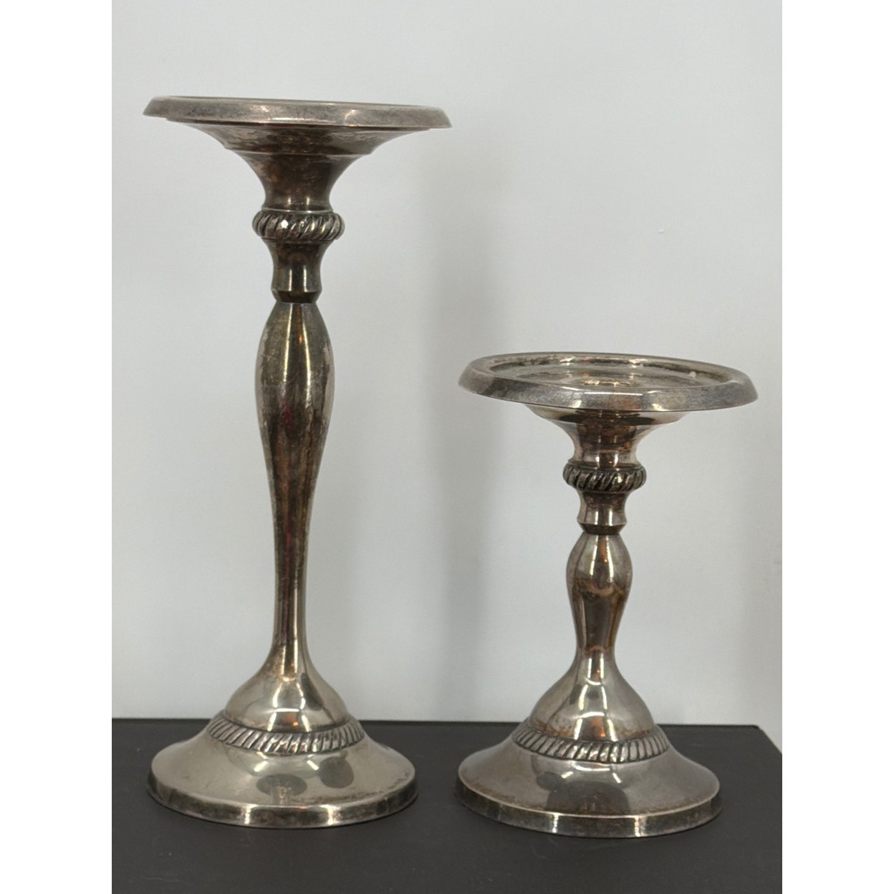 Pottery Barn Silver Plated 2 Candle Holders Rope Twist Taper Pillar 10" 6"‎